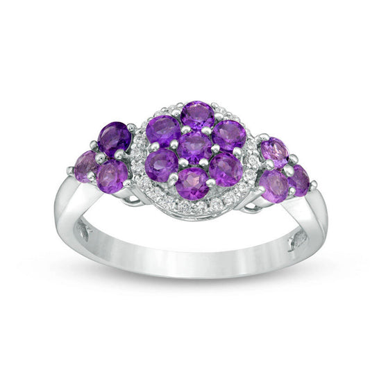 Amethyst Cluster and 0.10 CT. T.W. Natural Diamond Frame Tri-Sides Ring in Sterling Silver