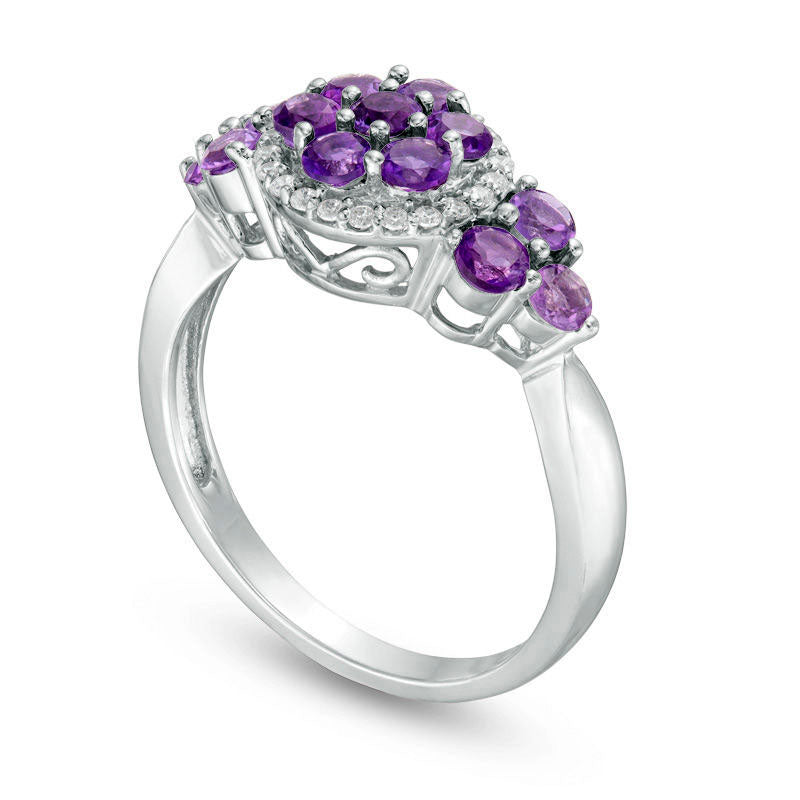 Amethyst Cluster and 0.10 CT. T.W. Natural Diamond Frame Tri-Sides Ring in Sterling Silver