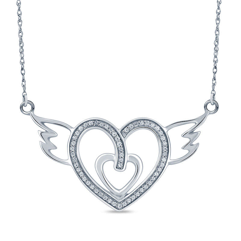 0.2 CT. T.W. Natural Diamond Double Heart with Wings Necklace in Sterling Silver