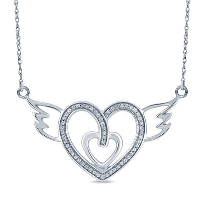 0.2 CT. T.W. Natural Diamond Double Heart with Wings Necklace in Sterling Silver