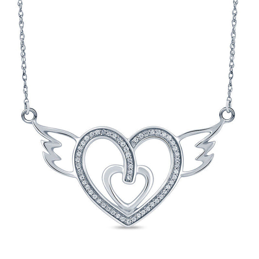 0.2 CT. T.W. Natural Diamond Double Heart with Wings Necklace in Sterling Silver