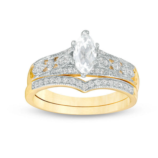 Marquise Lab-Created White Sapphire and 0.13 CT. T.W. Diamond Antique Vintage-Style Bridal Engagement Ring Set in Solid 10K Yellow Gold