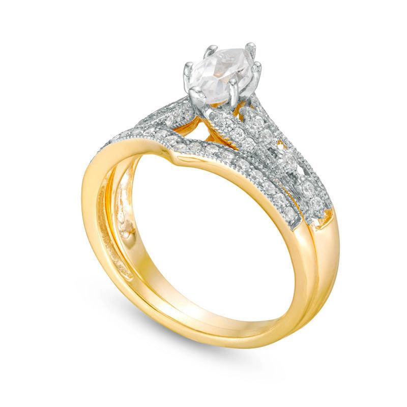 Marquise Lab-Created White Sapphire and 0.13 CT. T.W. Diamond Antique Vintage-Style Bridal Engagement Ring Set in Solid 10K Yellow Gold