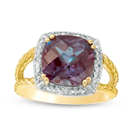 10.0mm Cushion-Cut Lab-Created Alexandrite and Diamond Accent Frame Split Shank Rope Ring in Solid 10K Yellow Gold