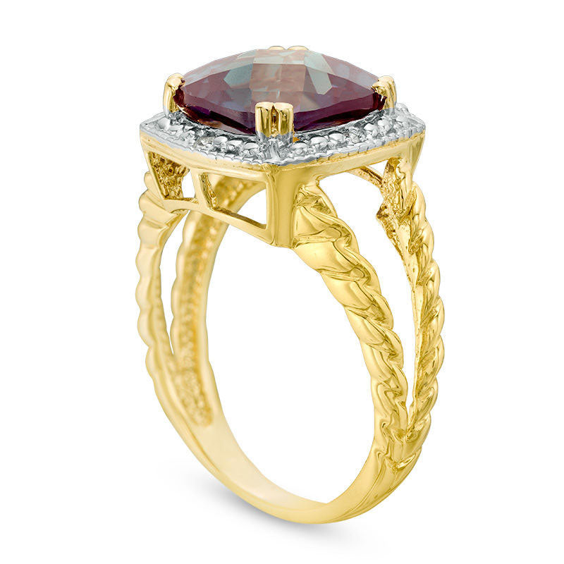 10.0mm Cushion-Cut Lab-Created Alexandrite and Diamond Accent Frame Split Shank Rope Ring in Solid 10K Yellow Gold