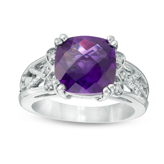 10.0mm Cushion-Cut Amethyst and Natural Diamond Accent Woven Split Shank Ring in Solid 10K White Gold