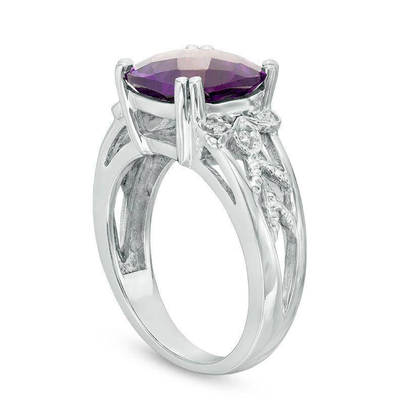 10.0mm Cushion-Cut Amethyst and Natural Diamond Accent Woven Split Shank Ring in Solid 10K White Gold
