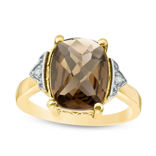 Cushion-Cut Smoky Quartz and Natural Diamond Accent Ring in Solid 10K Yellow Gold