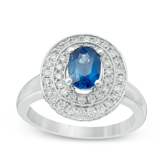 Oval Blue Sapphire and 0.75 CT. T.W. Natural Diamond Double Frame Antique Vintage-Style Ring in Solid 14K White Gold (H/I1)