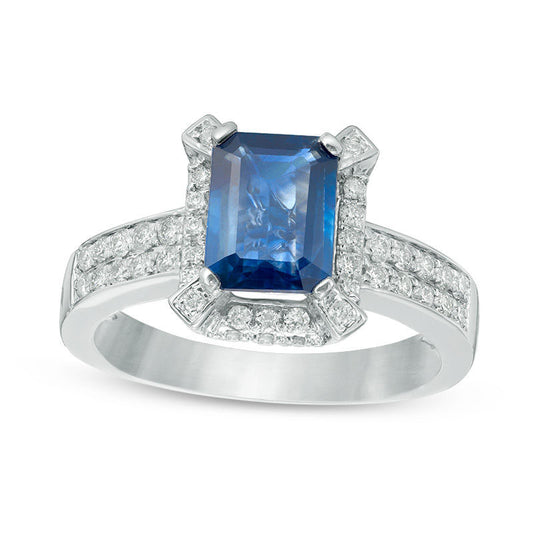 Emerald-Cut Blue Sapphire and 0.50 CT. T.W. Natural Diamond Frame Double Row Ring in Solid 14K White Gold (H/I1)