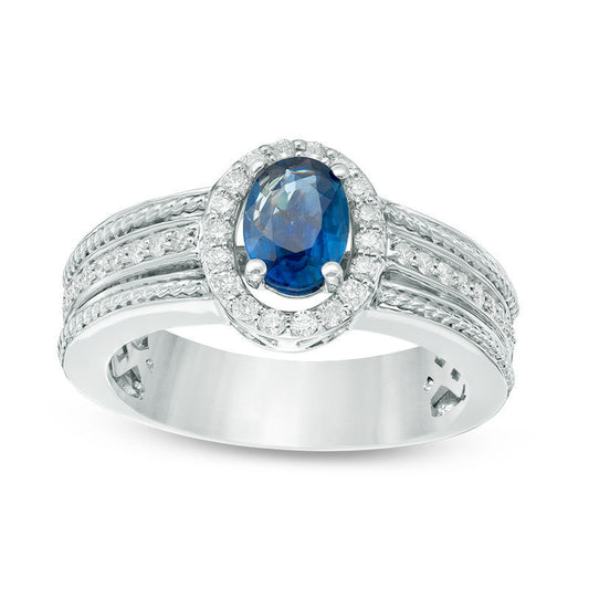 Oval Blue Sapphire and 0.33 CT. T.W. Natural Diamond Frame Rope Ring in Solid 14K White Gold (H/I1)