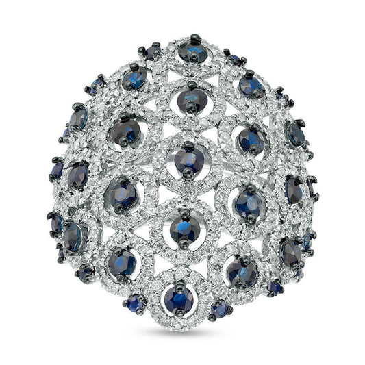 Blue Sapphire and 1.0 CT. T.W. Natural Diamond Lattice Ring in Solid 14K White Gold