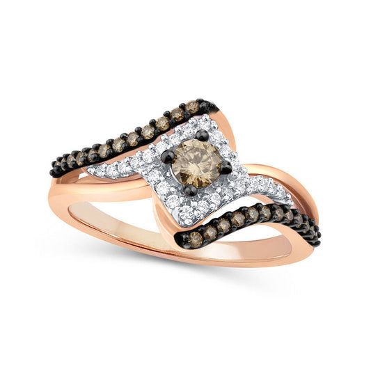0.50 CT. T.W. Champagne and White Natural Diamond Tilted Square Frame Bypass Ring in Solid 10K Rose Gold