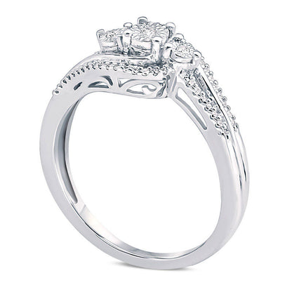 0.17 CT. T.W. Natural Diamond Three Stone Swirl Bypass Ring in Solid 10K White Gold
