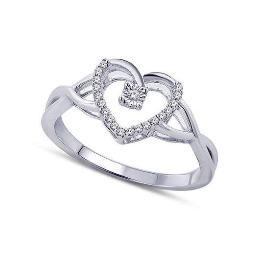Natural Diamond Accent Heart Frame Twist Shank Ring in Sterling Silver