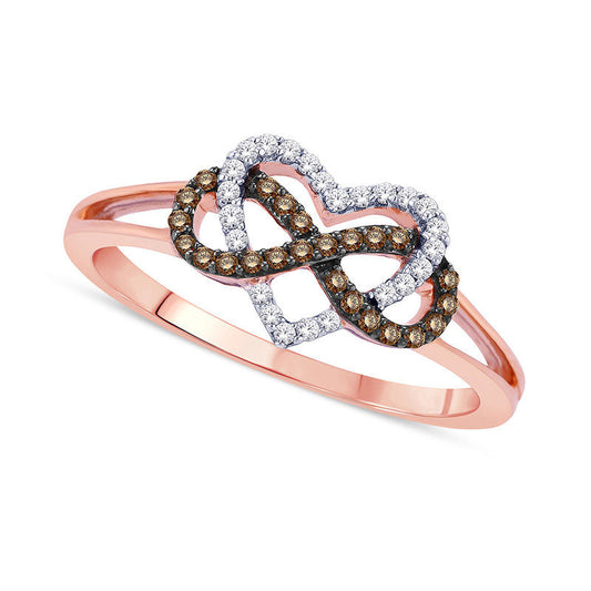 0.20 CT. T.W. Champagne and White Natural Diamond Infinity Heart Ring in Solid 10K Rose Gold