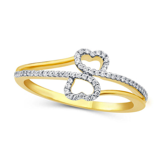 0.13 CT. T.W. Natural Diamond Double Heart Bypass Ring in Solid 10K Yellow Gold
