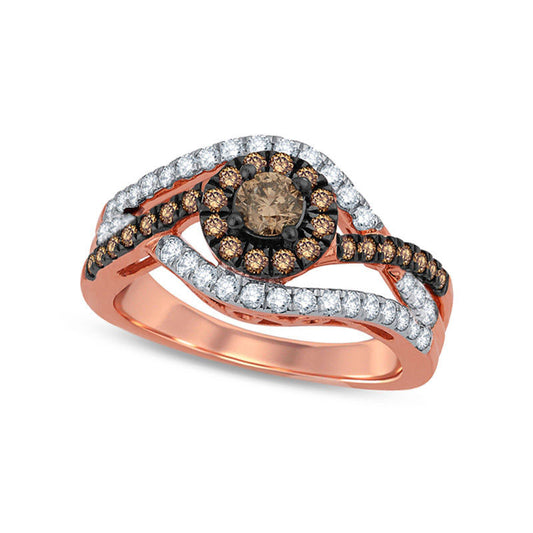 1.0 CT. T.W. Champagne and White Natural Diamond Frame Layered Bypass Ring in Solid 10K Rose Gold