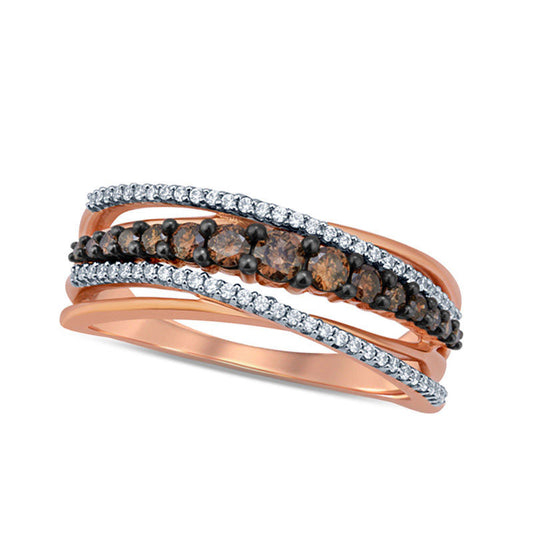 0.50 CT. T.W. Champagne and White Natural Diamond Layered Crossover Ring in Solid 10K Rose Gold