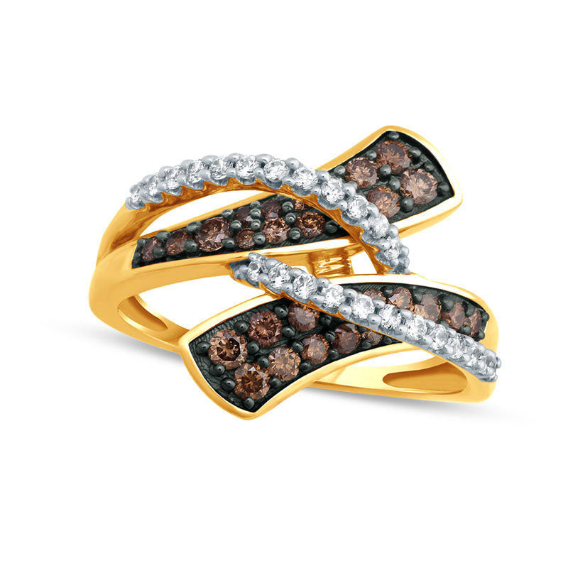 0.75 CT. T.W. Champagne and White Natural Diamond Layered Bypass Ring in Solid 10K Yellow Gold
