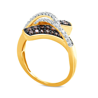 0.75 CT. T.W. Champagne and White Natural Diamond Layered Bypass Ring in Solid 10K Yellow Gold