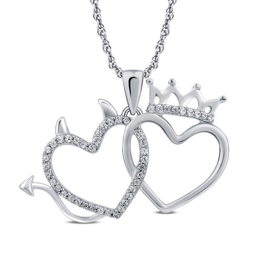 0.13 CT. T.W. Natural Diamond Crown and Devil Double Heart Pendant in Sterling Silver