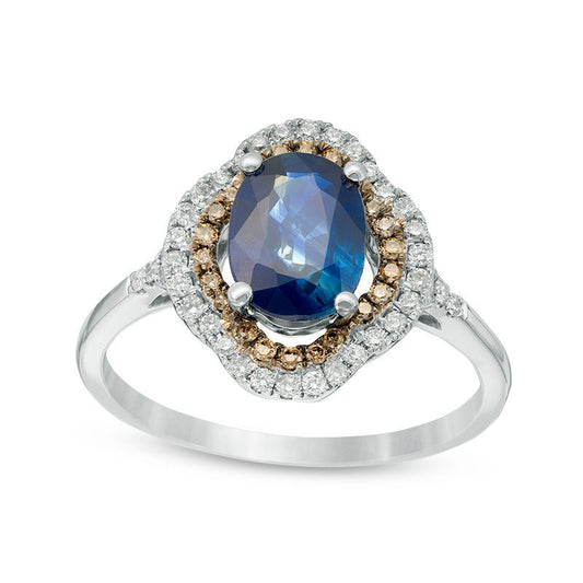 Oval Blue Sapphire and 0.33 CT. T.W. Champagne and White Natural Diamond Scalloped Double Frame Ring in Solid 14K White Gold (I/I2)