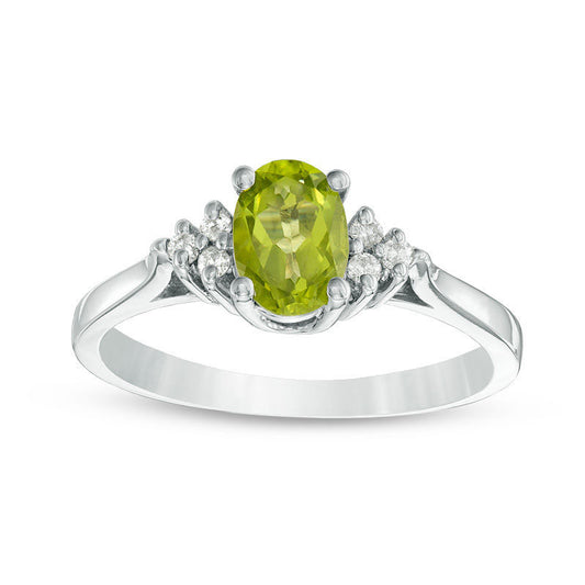 Oval Peridot and Natural Diamond Accent Tri-Sides Ring in Solid 10K White Gold