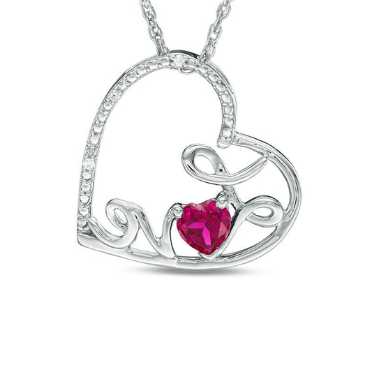 4.0mm Lab-Created Ruby and Diamond Accent Cursive "Love" Tilted Heart Pendant in Sterling Silver