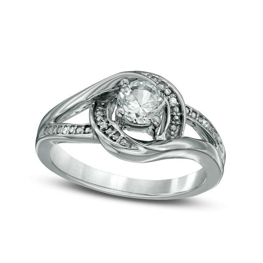 5.0mm Lab-Created White Sapphire and Diamond Accent Swirl Frame Split Shank Ring in Sterling Silver