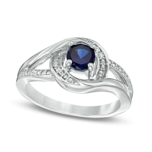 5.0mm Lab-Created Blue Sapphire and Diamond Accent Swirl Frame Split Shank Ring in Sterling Silver