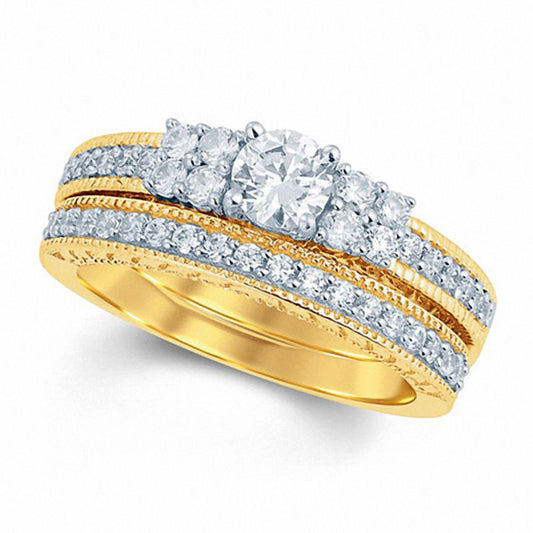 1.0 CT. T.W. Natural Diamond Quad Collared Bridal Engagement Ring Set in Solid 14K Gold