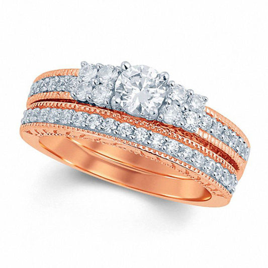 1.0 CT. T.W. Natural Diamond Quad-Collared Bridal Engagement Ring Set in Solid 14K Rose Gold