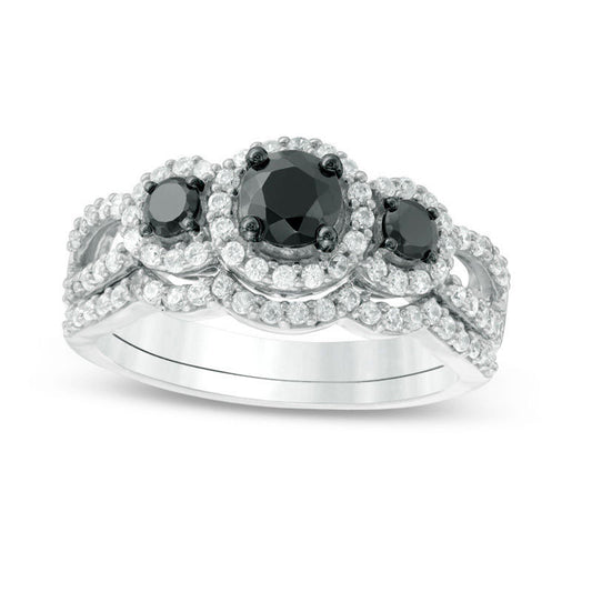 1.0 CT. T.W. Enhanced Black and White Natural Diamond Three Stone Frame Bridal Engagement Ring Set in Solid 10K White Gold