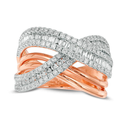 1.33 CT. T.W. Baguette and Round Natural Diamond Layered Crossover Ring in Solid 14K Two-Tone Gold