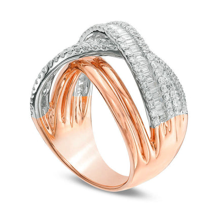 1.33 CT. T.W. Baguette and Round Natural Diamond Layered Crossover Ring in Solid 14K Two-Tone Gold