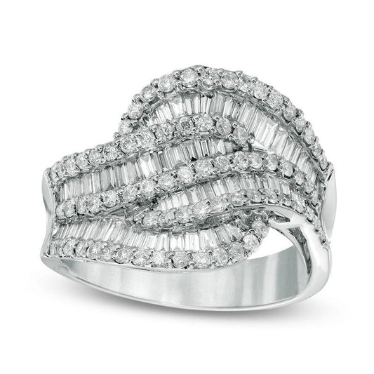 1.5 CT. T.W. Baguette and Round Natural Diamond Layered Wave Ring in Solid 10K White Gold