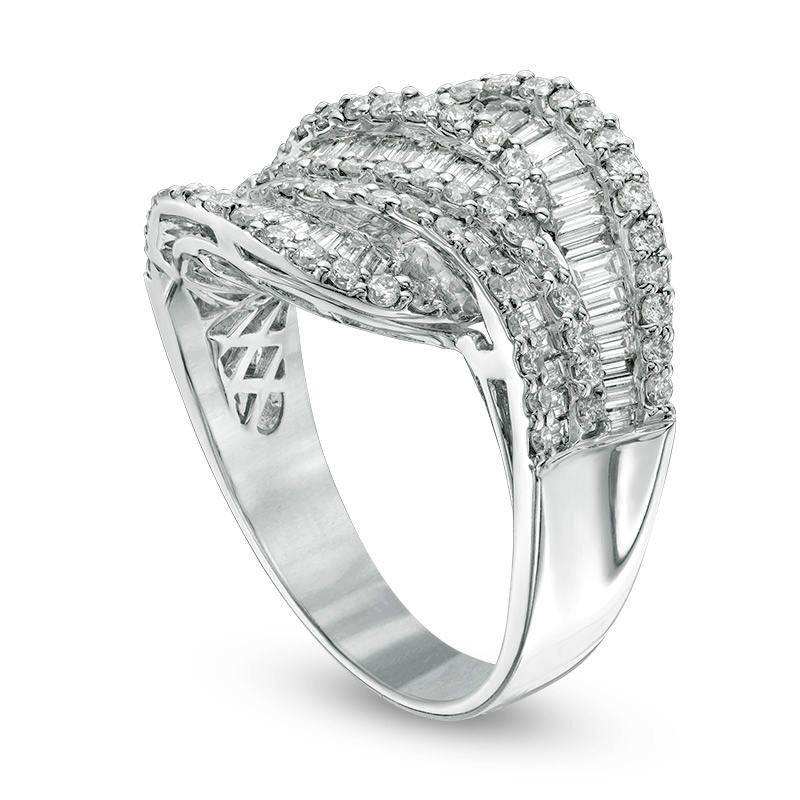 1.5 CT. T.W. Baguette and Round Natural Diamond Layered Wave Ring in Solid 10K White Gold