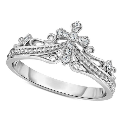 Natural Diamond Accent Beaded Scroll Cross Ring in Sterling Silver