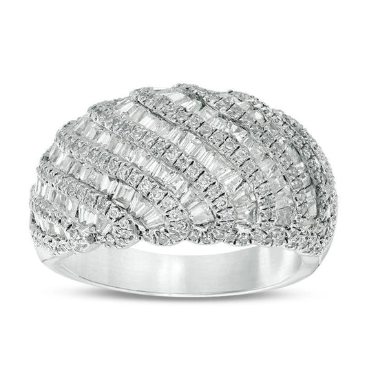 1.33 CT. T.W. Baguette and Round Natural Diamond Wave Ring in Solid 10K White Gold