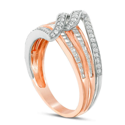 0.50 CT. T.W. Baguette and Round Natural Diamond Bypass Swirl Multi-Row Ring in Solid 10K Two-Tone Gold