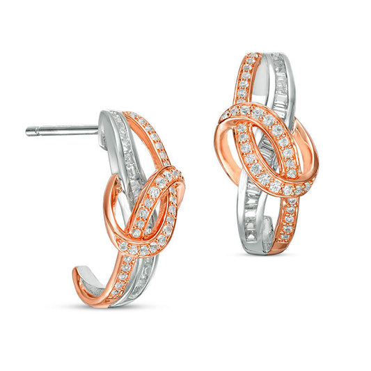 0.5 CT. T.W. Baguette and Round Diamond Loop J-Hoop Earrings in 10K Two-Tone Gold