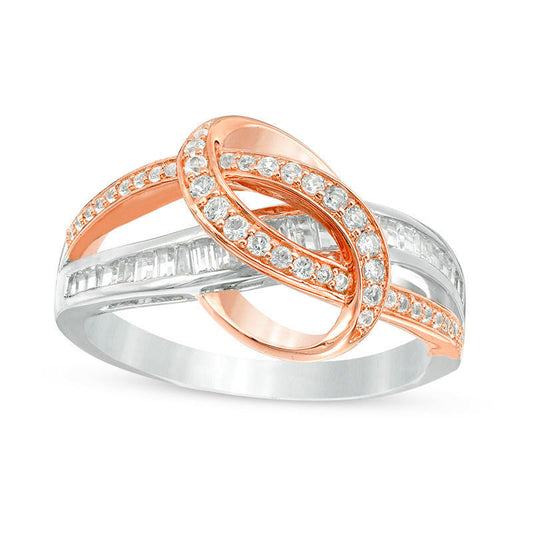 0.50 CT. T.W. Baguette and Round Natural Diamond Loop Ring in Solid 10K White Gold and Rose Rhodium