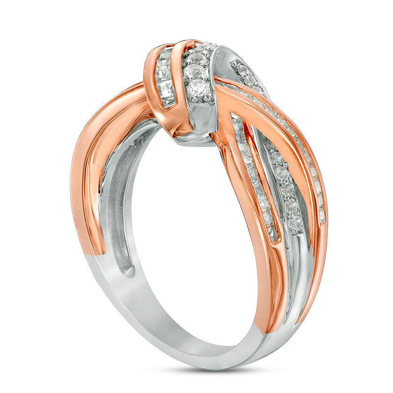 0.50 CT. T.W. Baguette and Round Natural Diamond Loop Ring in Solid 10K White Gold and Rose Rhodium