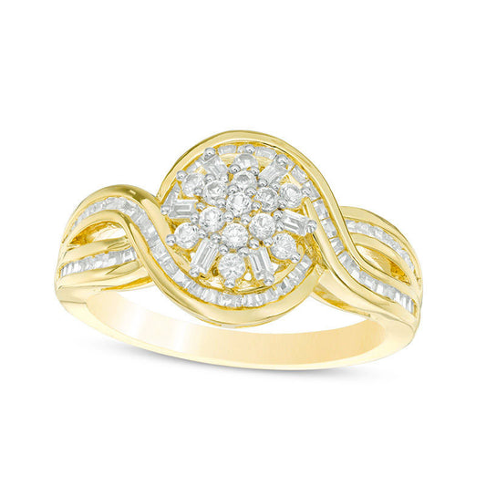 0.50 CT. T.W. Baguette and Round Composite Natural Diamond Bypass Frame Split Shank Ring in Solid 10K Yellow Gold