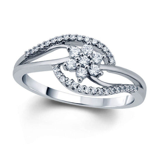 0.25 CT. T.W. Natural Diamond Flower Cluster Swirl Bypass Promise Ring in Solid 10K White Gold