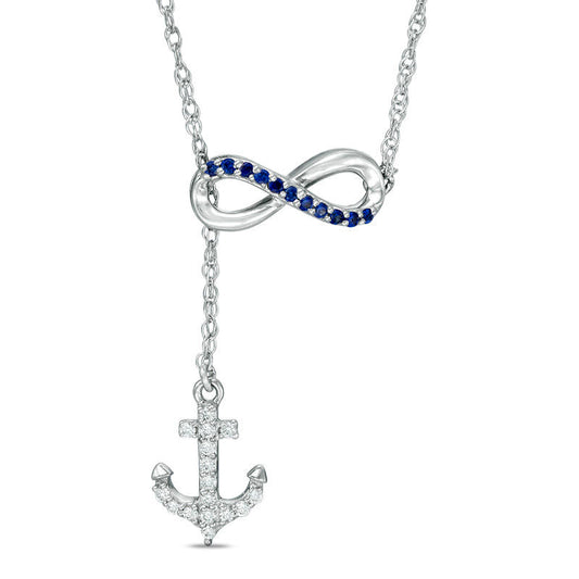 Lab-Created Blue and White Sapphire Infinity with Anchor Lariat-Style Necklace in Sterling Silver - 19"
