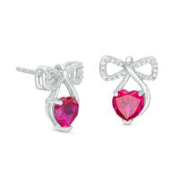 6.0mm Heart-Shaped Lab-Created Ruby and 0.1 CT. T.W. Diamond Bow Drop Earrings in Sterling Silver