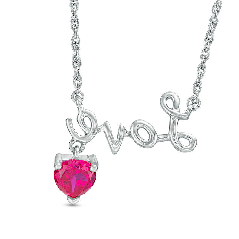6.0mm Heart-Shaped Lab-Created Ruby Charm and Cursive "Love" Necklace in Sterling Silver