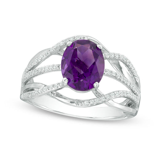 Oval Amethyst and 0.20 CT. T.W. Natural Diamond Layered Crossover Ring in Sterling Silver